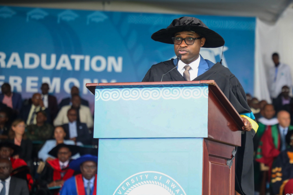 Gaspard Twagirayezu, the Minister of Education delivers remarks as he presides over the UR’s 9th graduation ceremony on November 17, at Ubworoherane stadium, Musanze district.